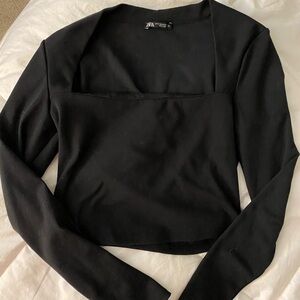 Zara Black Long-Sleeve Square-Neck Crop Top